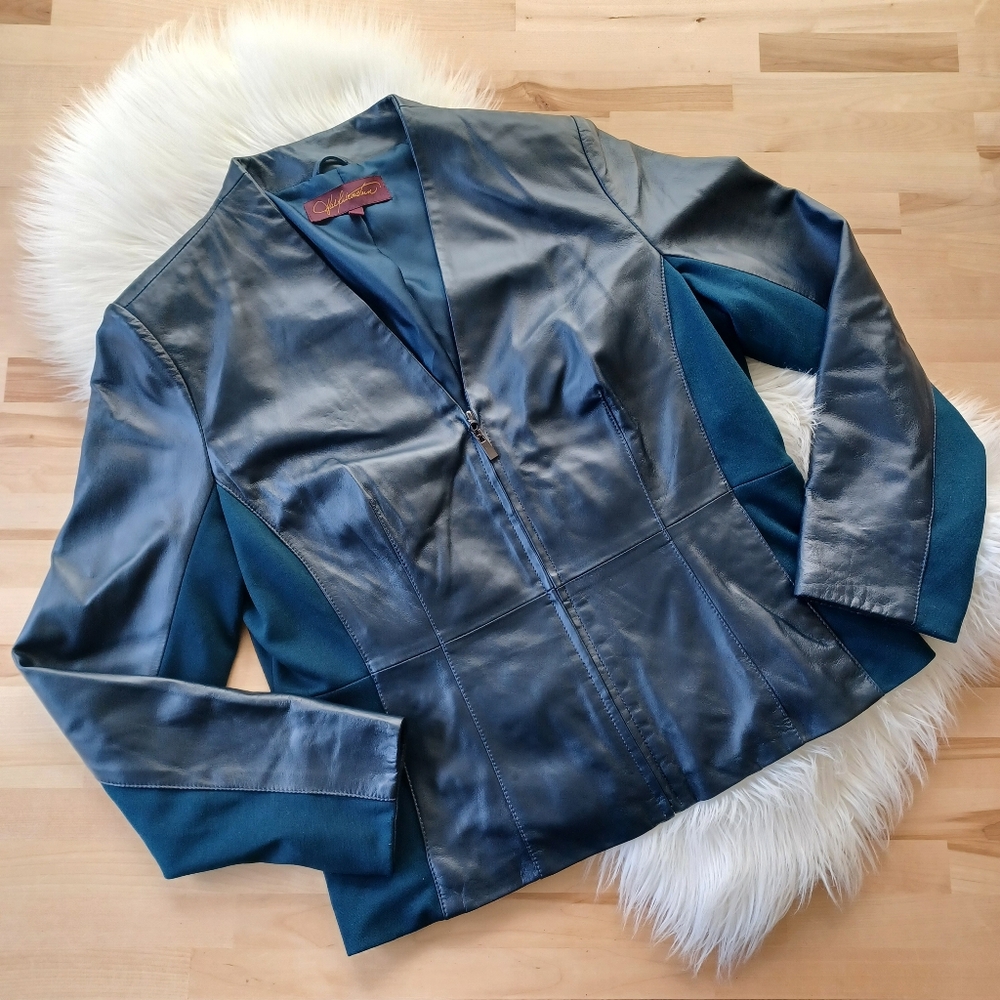{Hal Rubenstein} Two-tone Leather Jacket in Navy - Picture 1 of 8